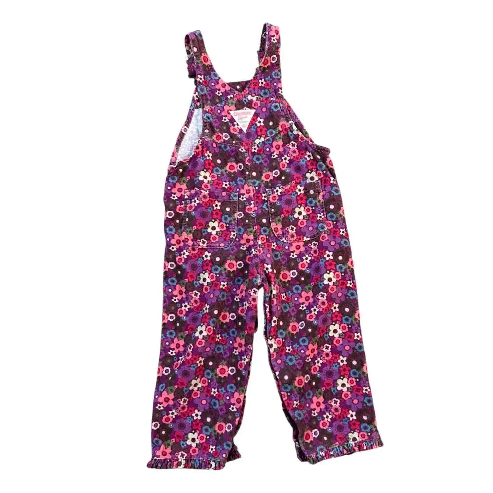 OshKosh B'gosh Vestbak Pink Purple Floral Corduroy Overalls 24 Months